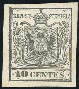 1850 - 10 cent. grigio nero, I tiratura ... 