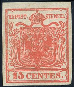 1850 - 15 cent. rosso vermiglio inteso (3g), ... 