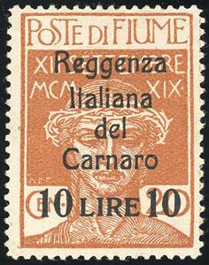 FIUME 1920 - 10 lire su 20 cent. Reggenza ... 