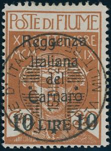 FIUME 1920 - 10 lire su 20 cent. Reggenza ... 