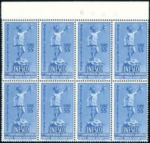 1950 - 55 lire Unesco (619), blocco di otto, ... 