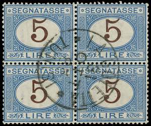 LA GOLETTA 1885 - 5 lire segnatasse azzurro ... 