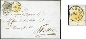 1853 - 5 cent. giallo ocra, senza punto dopo ... 
