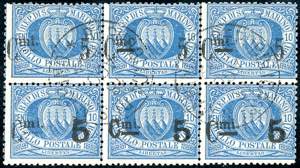 1892 - 5 cent. su 10 cent. (8), blocco di ... 