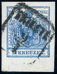 AUSTRIA 1850 - 9 kr. azzurro, carta a mano ... 