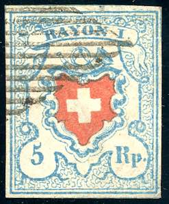 SVIZZERA 1851 - 5 r. azzurro chiaro e rosso ... 