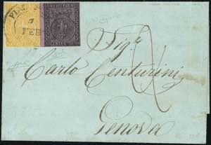 1858 - 25 cent. violetto e 5 cent. giallo ... 