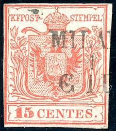 1850 - 15 cent., I tiratura (3a), margini ... 