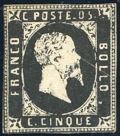 1851 - 5 cent. nero (1), gomma originale, ... 