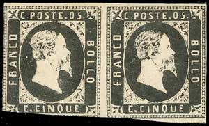 1851 - 5 cent. nero, I riporto (1a), coppia ... 