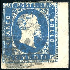 1851 - 20 cent. azzurro, pos. 25 (2), ampio ... 
