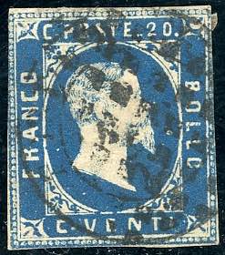 1852 - 20 cent. azzurro (2), margini ... 