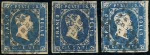 1852 - 20 cent. azzurro (2), pos. 3, tre ... 