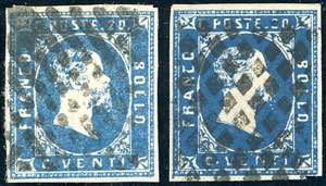 1852 - 20 cent. azzurro (2), pos. 4, due ... 