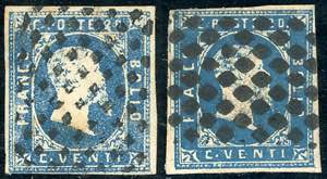 1852 - 20 cent. azzurro (2), pos. 8, due ... 
