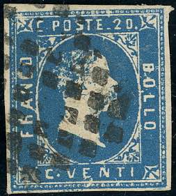 1852 - 20 cent. azzurro (2), pos. 9, usato, ... 