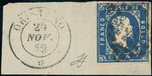 1852 - 20 cent. azzurro (2) pos. 8, giusto ... 