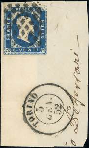 1852 - 20 cent. azzurro (2), pos. 1, ... 