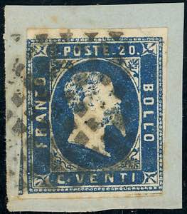 1852 - 20 cent. azzurro (2), pos. 2, pizzo ... 