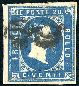 1851 - 20 cent. azzurro, II riporto (2), ... 