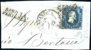 1852 - 20 cent. azzurro, I tiratura (2a), ... 