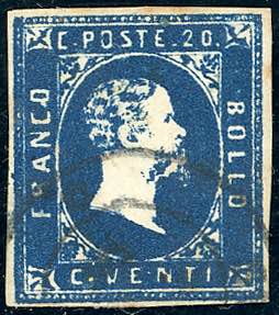1852 - 20 cent. azzurro scuro, I tiratira ... 