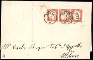 1861 - 40 cent. carminio (16Ca), striscia di ... 