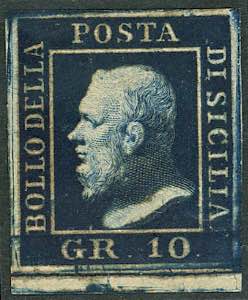 1859 - 10 grana indaco nero (12a), margine ... 