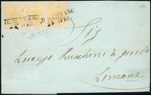 1853 - 5 cent. giallo ocra (1), tre ... 