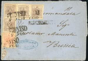 1858 - 30 cent. bruno, cinque esemplari di ... 