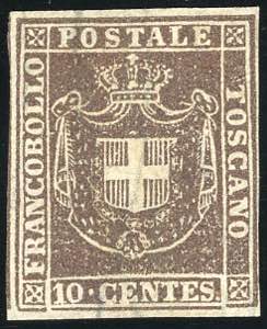 1860 - 10 cent. bruno (19), nuovo, gomma ... 