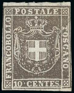 1860 - 10 cent. bruno scuro (19b), margini ... 