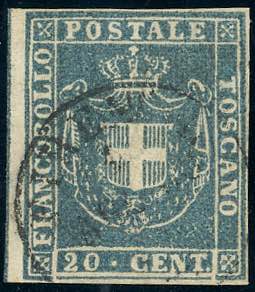 1860 - 20 cent. azzurro grigio, linea di ... 