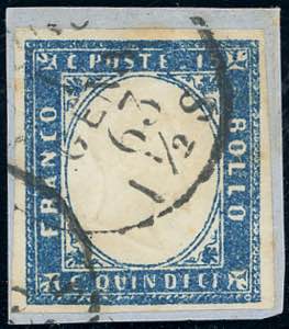1863 - 15 cent. azzurro, tipo Sardegna (11), ... 