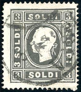 1858 - 3 soldi nero, I tipo, dent. 15 x 16 ... 
