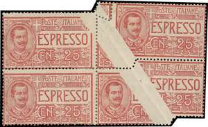 1903 - 25 cent. (1), blocco di quattro, tre ... 