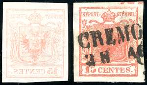 1850 - 15 cent. rosso, I tipo, un esemplare ... 