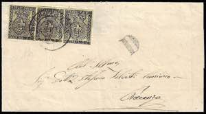 1855 - 5 cent. giallo (1a), striscia di tre, ... 