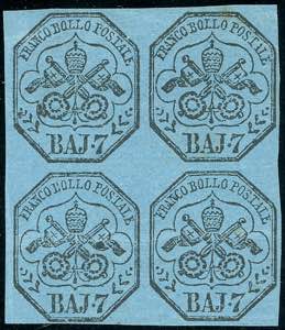 1852 - 7 baj azzurro (8), blocco di quattro, ... 