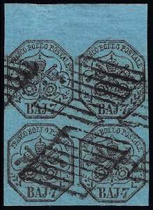 1852 - 7 baj azzurro (8), blocco di quattro, ... 