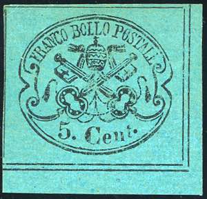 1867 - 5 cent. azzurro verdastro, angolo di ... 