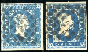 1852 - 20 cent. azzurro (2), due esemplari ... 