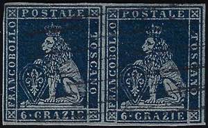 1851 - 6 crazie azzurro scuro su azzurro ... 