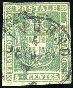 1860 - 5 cent. verde (18), usato, perfetto, ... 