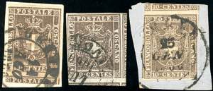 1860 - 10 cent. bruno (19), tre esemplari, ... 