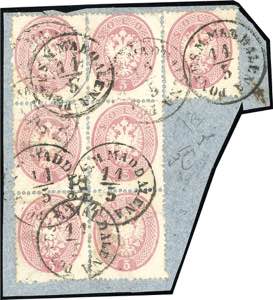 1863 - 5 soldi rosa, dent. 14 (38), blocco ... 
