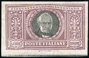 1923 - 5 lire Manzoni, non dentellato ... 