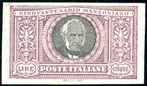 1923 - 5 lire Manzoni, non dentellato ... 