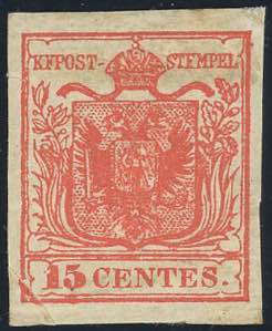 1850 - 15 cent. rosso, I tipo, carta a mano ... 