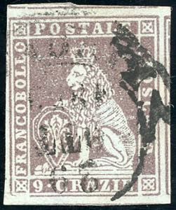 1851 - 9 crazie bruno violaceo su grigio ... 